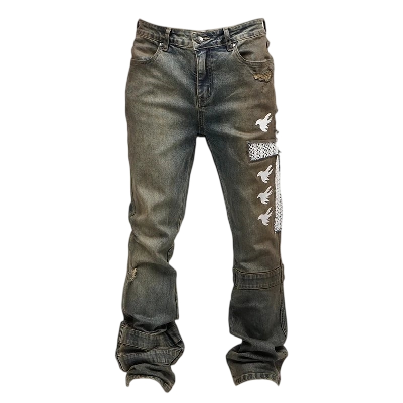 Vinkid Raw Peace Pigeon Embroidered denim