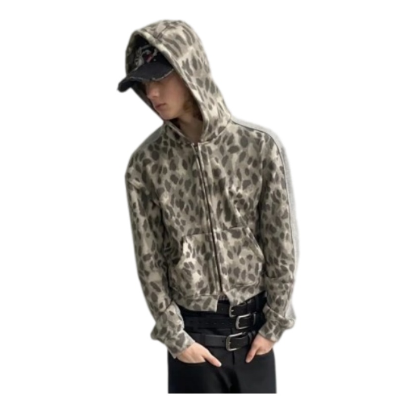 Delivery Leopard print spliced zip-up